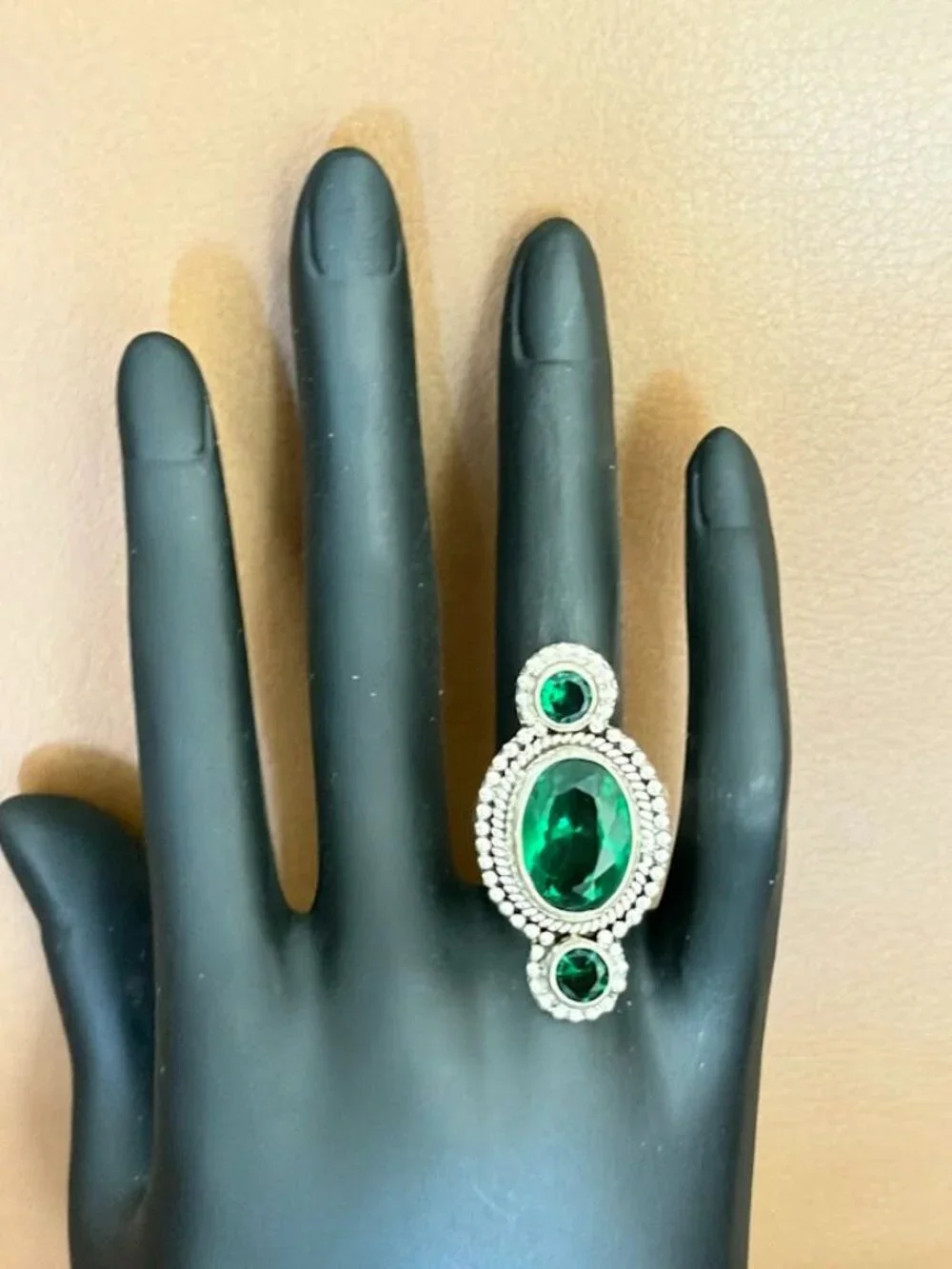 Simulated Green Peridot Three Stone Statement Ring 925 Silver Plated - Size 6.5